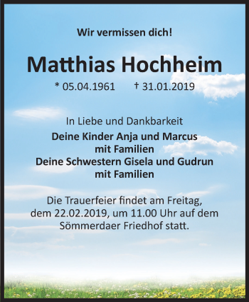 Traueranzeige von Matthias Hochheim von Thüringer Allgemeine, Thüringische Landeszeitung