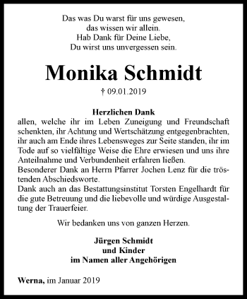 Traueranzeige von Monika Schmidt von Thüringer Allgemeine