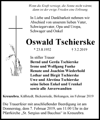 Traueranzeige von Oswald Tschierske von Thüringer Allgemeine