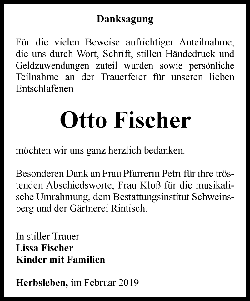  Traueranzeige für Otto Fischer vom 13.02.2019 aus Thüringer Allgemeine, Thüringische Landeszeitung