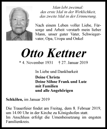 Traueranzeige von Otto Kettner von Ostthüringer Zeitung