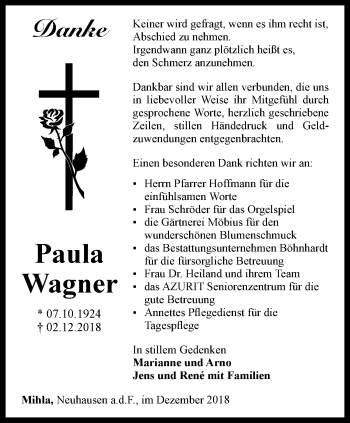 Traueranzeige von Paula Wagner von Thüringer Allgemeine, Thüringische Landeszeitung