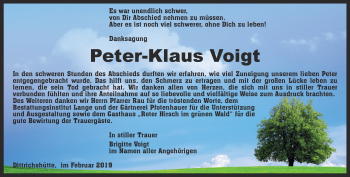 Traueranzeige von Peter-Klaus Voigt von Ostthüringer Zeitung