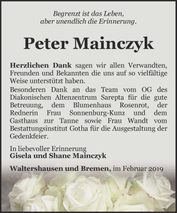 Traueranzeige von Peter Mainczyk von Ostthüringer Zeitung, Thüringische Landeszeitung