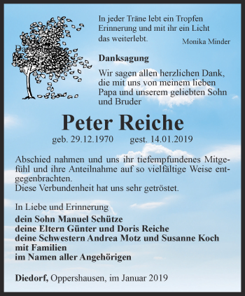 Traueranzeige von Peter Reiche von Thüringer Allgemeine, Thüringische Landeszeitung