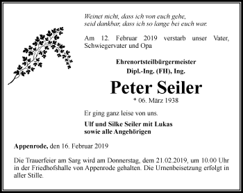 Traueranzeige von Peter Seiler von Thüringer Allgemeine