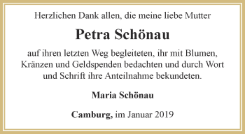 Traueranzeige von Petra Schönau von Ostthüringer Zeitung, Thüringische Landeszeitung