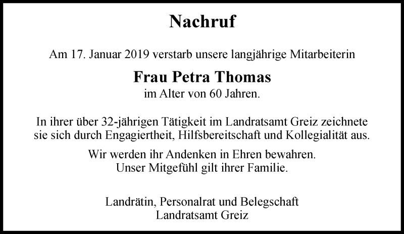  Traueranzeige für Petra Thomas vom 09.02.2019 aus Ostthüringer Zeitung