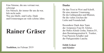 Traueranzeige von Rainer Gräser von Ostthüringer Zeitung, Thüringische Landeszeitung