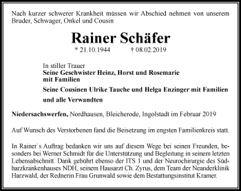 Traueranzeige von Rainer Schäfer von Thüringer Allgemeine
