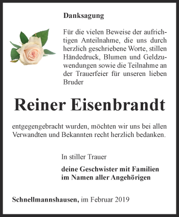 Traueranzeige von Reiner Eisenbrandt von Thüringer Allgemeine, Thüringische Landeszeitung