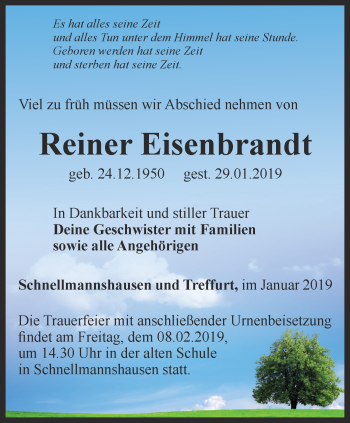 Traueranzeige von Reiner Eisenbrandt von Thüringer Allgemeine, Thüringische Landeszeitung