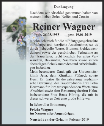 Traueranzeige von Reiner Wagner von Ostthüringer Zeitung