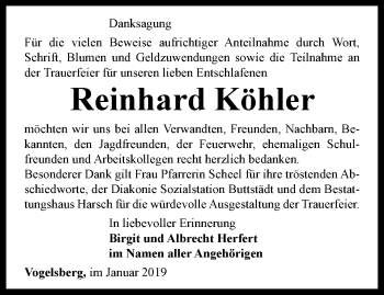 Traueranzeige von Reinhard Köhler von Thüringer Allgemeine