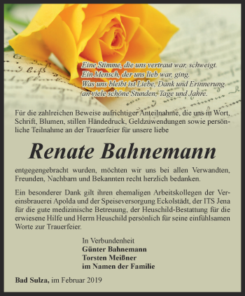 Traueranzeige von Renate Bahnemann von Thüringer Allgemeine, Thüringische Landeszeitung