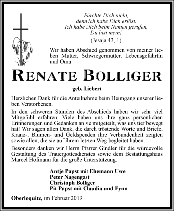 Traueranzeige von Renate Bolliger von Ostthüringer Zeitung