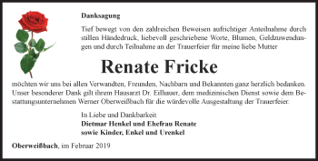 Traueranzeige von Renate Fricke von Ostthüringer Zeitung