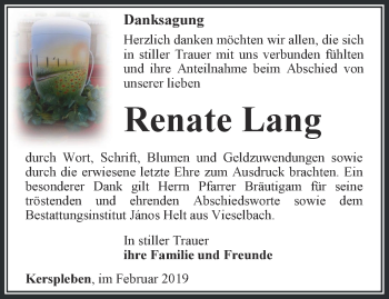 Traueranzeige von Renate Lang von Thüringer Allgemeine, Thüringische Landeszeitung