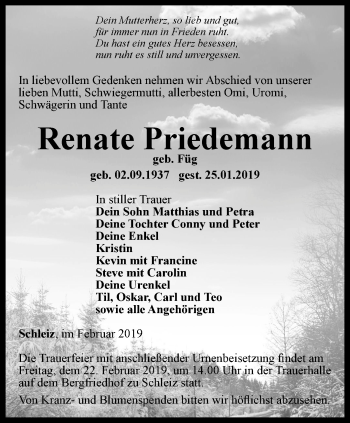 Traueranzeige von Renate Priedemann von Ostthüringer Zeitung