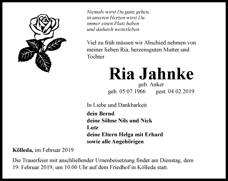  Traueranzeige für Ria Jahnke vom 12.02.2019 aus Thüringer Allgemeine