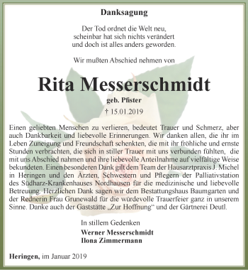 Traueranzeige von Rita Messerschmidt von Thüringer Allgemeine