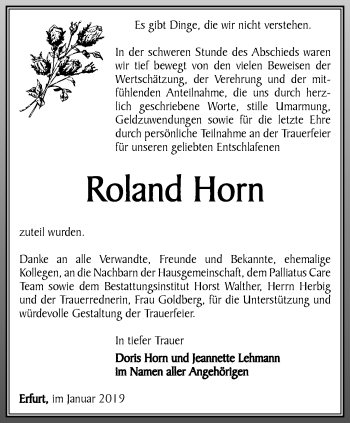 Traueranzeige von Roland Horn von Thüringer Allgemeine, Thüringische Landeszeitung