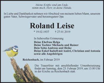 Traueranzeige von Roland Leise von Thüringer Allgemeine, Thüringische Landeszeitung