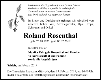 Traueranzeige von Roland Rosenthal von Ostthüringer Zeitung