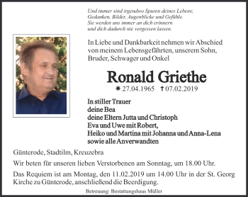 Traueranzeige von Ronald Griethe von Thüringer Allgemeine