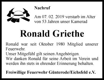 Traueranzeige von Ronald Griethe von Thüringer Allgemeine