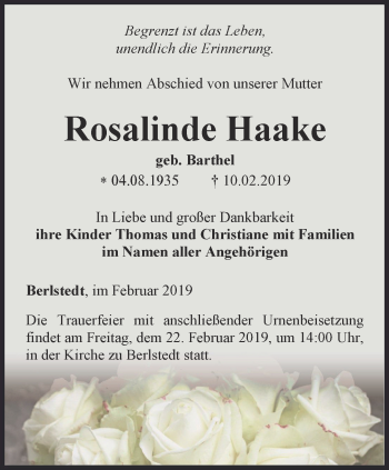 Traueranzeige von Rosalinde Haake von Thüringer Allgemeine, Thüringische Landeszeitung