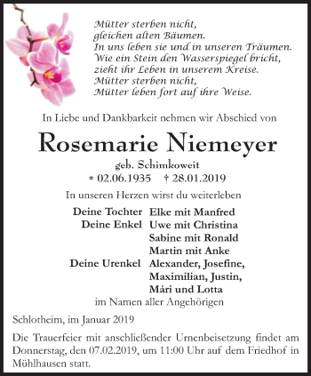 Traueranzeige von Rosemarie Niemeyer von Thüringer Allgemeine, Thüringische Landeszeitung