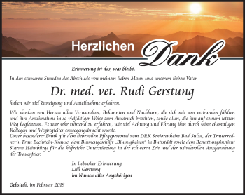 Traueranzeige von Rudi Gerstung von Thüringer Allgemeine, Thüringische Landeszeitung