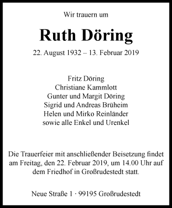 Traueranzeige von Ruth Döring