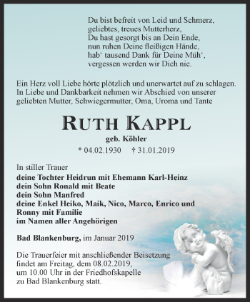 Traueranzeige von Ruth Kappl von Ostthüringer Zeitung