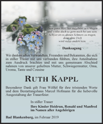 Traueranzeige von Ruth Kappl von Ostthüringer Zeitung