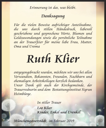 Traueranzeige von Ruth Klier von Thüringer Allgemeine, Thüringische Landeszeitung