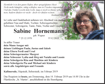 Traueranzeige von Sabine Hornemann von Thüringer Allgemeine, Thüringische Landeszeitung