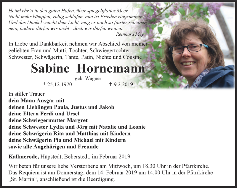  Traueranzeige für Sabine Hornemann vom 12.02.2019 aus Thüringer Allgemeine