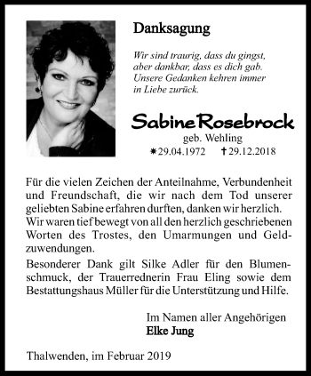 Traueranzeige von Sabine Rosebrock von Thüringer Allgemeine