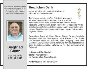 Traueranzeige von Siegfried Glanz von Thüringer Allgemeine