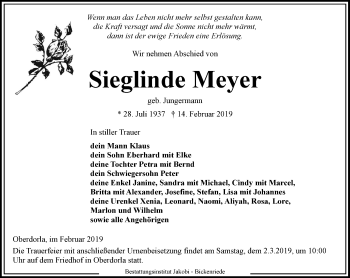 Traueranzeige von Sieglinde Meyer von Thüringer Allgemeine, Thüringische Landeszeitung