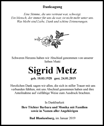 Traueranzeige von Sigrid Metz von Ostthüringer Zeitung