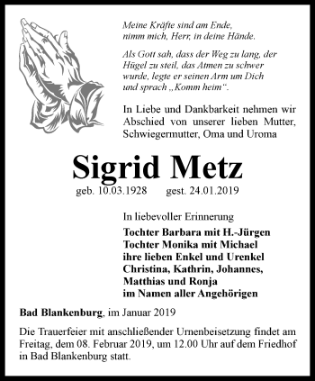 Traueranzeige von Sigrid Metz von Ostthüringer Zeitung