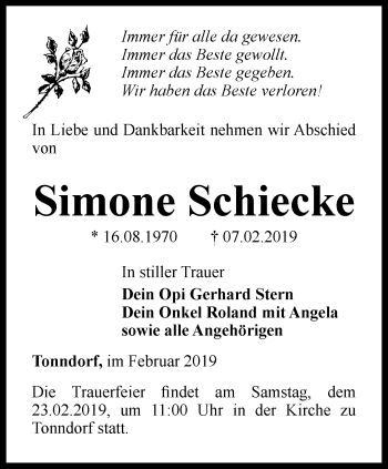 Traueranzeige von Simone Schiecke von Thüringer Allgemeine, Thüringische Landeszeitung