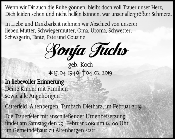 Traueranzeige von Sonja Fuchs von Ostthüringer Zeitung, Thüringische Landeszeitung