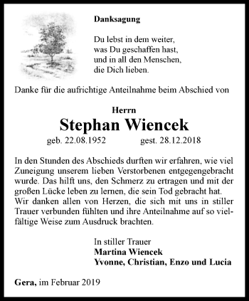 Traueranzeige von Stephan Wiencek von Ostthüringer Zeitung