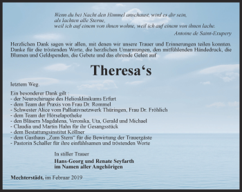 Traueranzeige von Theresa Seyfarth von Ostthüringer Zeitung, Thüringische Landeszeitung