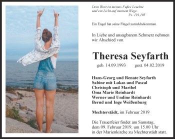 Traueranzeige von Theresa Seyfarth von Ostthüringer Zeitung, Thüringische Landeszeitung