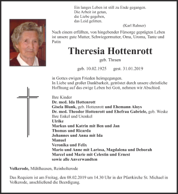 Traueranzeige von Theresia Hottenrott von Thüringer Allgemeine